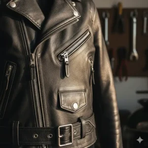 Close-up detail of the heavy-duty metal zippers and chrome hardware on the front of the women's leather motorcycle jacket.