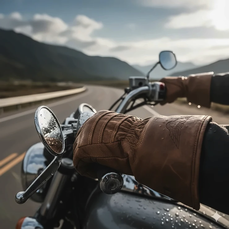 A close-up shot of leather motorcycle mittens on a rider's hands gripping the handlebars, showcasing the quality and finish.