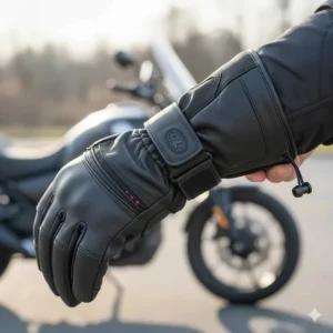 View of the adjustable, long gauntlet cuff and secure drawstring closure system of the heated motorcycle gloves.
