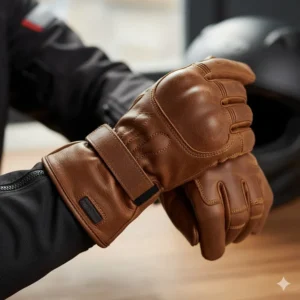 Image illustrating waterproof, long gauntlet motorcycle street gloves covering the jacket cuff for extra weather protection.