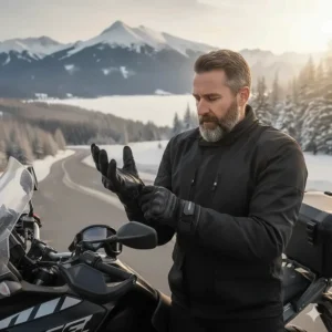 Man putting on his heated motorcycle gloves before a cold-weather touring ride.