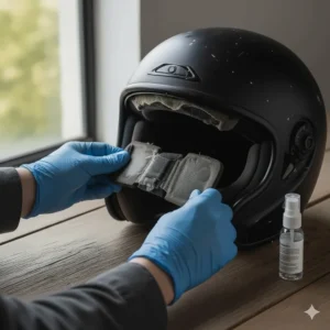 User holding a new piece of replacement helmet padding against the shell to confirm fit and placement.