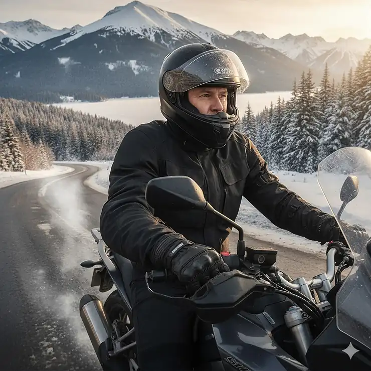 A man wearing heated motorcycle gloves for men riding his bike in cold weather, showcasing a comfortable winter ride.