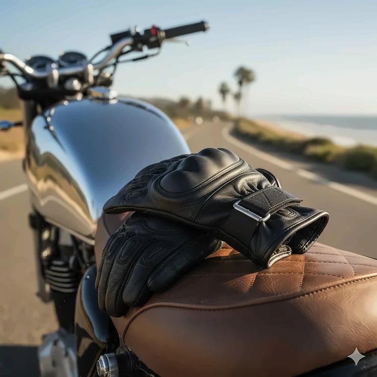 Premium black leather motorcycle gloves for men, featuring knuckle protection and a secure wrist closure for optimal riding comfort and safety.