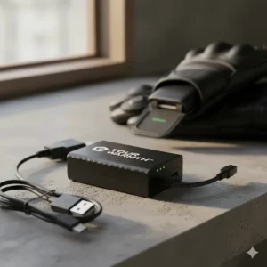 Showing the compact, rechargeable battery pack used to power the heated motorcycle gloves.