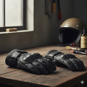 A side-by-side comparison illustrating the difference between short-cuff and protective gauntlet-style motorcycle gloves.