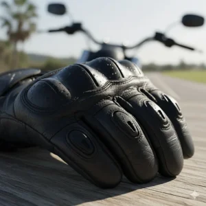 Close-up view of the men's leather motorcycle gloves reinforced with hard-shell knuckle protection for superior impact resistance.