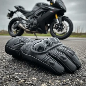 Detail view of the reinforced leather motorcycle mittens with hard knuckle protection for enhanced safety.