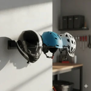 Three different types of headgear—a motorcycle, a ski, and a bicycle helmet—all neatly displayed on a wall mount.