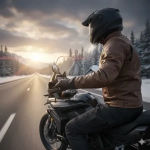 Motorcyclist on a highway wearing their heated riding gloves to stay warm during a winter trip.