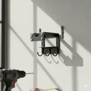 Finished installation of the helmet holder wall mount, showing the secure screws and anchor points.