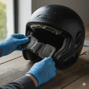 Close-up of hands carefully removing the old padding from the inside of a motorcycle helmet shell.