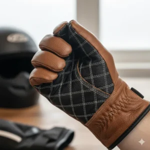 View of the palm area of the street gloves, highlighting reinforced stitching and non-slip material for better motorcycle grip.