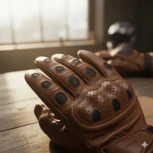 Close-up showing the perforated leather on vented street gloves for summer motorcycle riding.