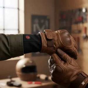 Lightweight and flexible heated motorcycle glove liners folded neatly for travel or storage in a small bag.