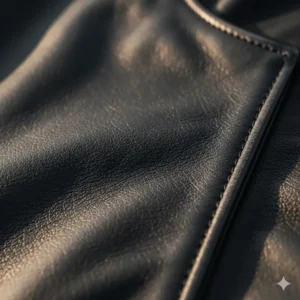 Macro shot of the grain and texture of the premium cowhide leather used to make the motorcycle jacket.