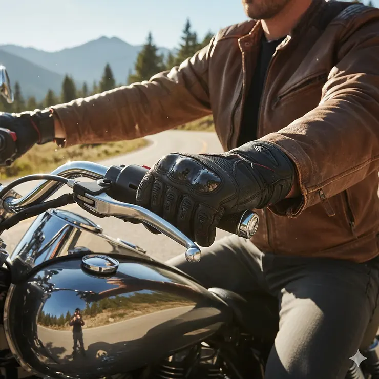 Close-up of a rider wearing premium motorcycle riding gloves with reinforced knuckles and grip while operating a bike.