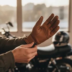 A rider checking the snug, proper fit of a new pair of street gloves before getting on their motorcycle.