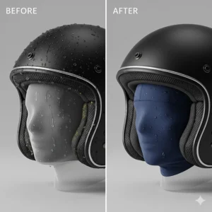 A before-and-after comparison showing how a moisture wicking helmet cap protects the helmet's interior from sweat and odor-causing absorption.