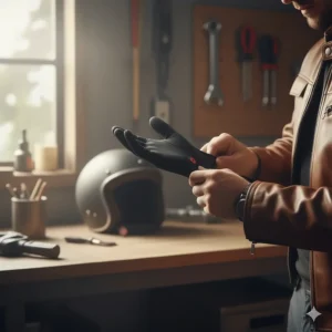 A motorcyclist easily sliding the heated motorcycle glove liners onto their hands before riding in cold weather.