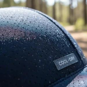 Texture shot of the quick-dry and sweat-wicking fabric used in the construction of a moisture wicking helmet cap.