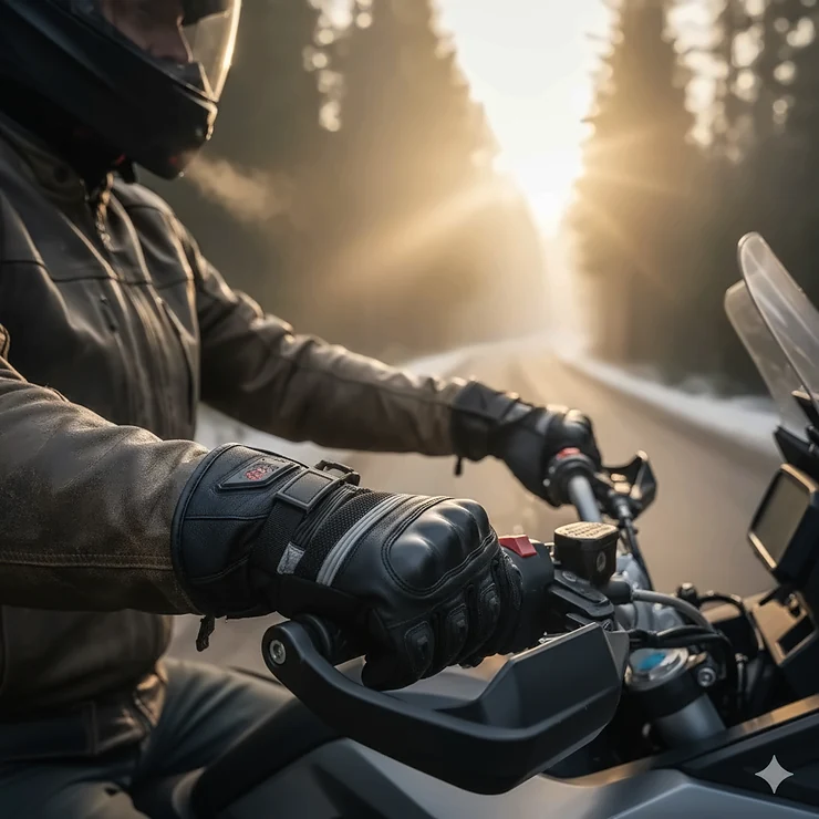 Rechargeable heated motorcycle gloves on a rider gripping handlebars on a cold morning ride.