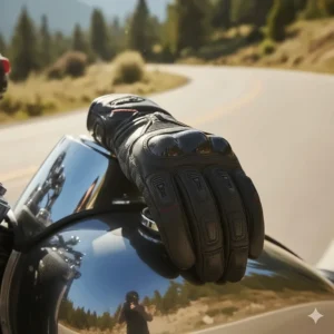 View of the reinforced leather palm and non-slip grip patches on the motorcycle riding gloves for better control.