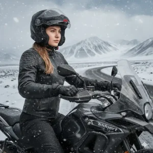 A female motorcycle rider in full gear, clearly wearing the heated motorcycle gloves in a snowy environment.