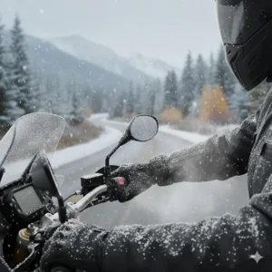 A shot of a motorcyclist's hands gripping the bars while riding comfortably in cold, wet weather with their 12V heated motorcycle gloves.