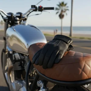 A pair of short-cuff mens leather motorcycle gloves, ideal for summer riding and cruiser style.