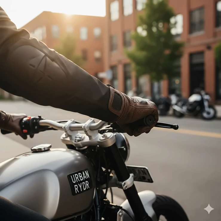 High-quality photo of a rider gripping handlebars, wearing premium leather street gloves for a motorcycle.