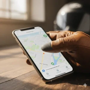 A hand wearing a street motorcycle glove touching a smartphone screen, showing the touchscreen-friendly fingertip.