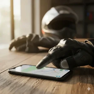 A rider using a smartphone's touchscreen while wearing motorcycle gloves with conductive fingertips.