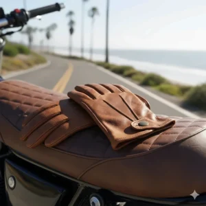 Vintage-style brown leather motorcycle gloves with a classic look, perfect for cafe racer or retro motorbikes.