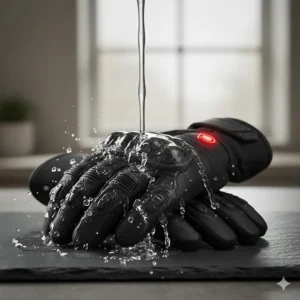 A pair of waterproof heated gloves being tested under running water to show their durable, weatherproof material.