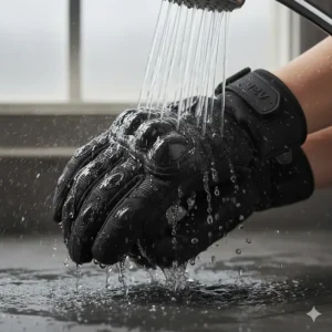 Demonstrating the waterproof and windproof textile material used in the construction of the 12V heated motorcycle gloves.