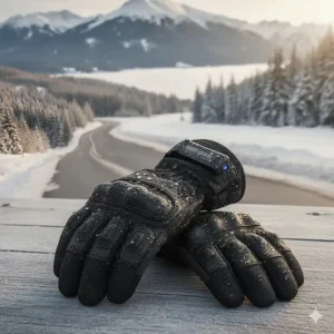 A pair of waterproof heated motorcycle gloves made from premium leather, offering maximum winter protection and warmth.