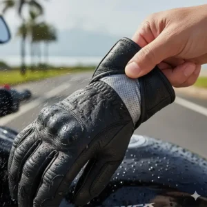 Detail of the breathable, waterproof liner inside the mens leather motorcycle gloves, ensuring dry hands in wet weather conditions.