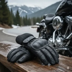 Insulated and waterproof motorcycle riding gloves designed to keep hands warm and dry in cold weather.