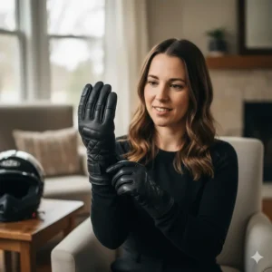 A woman trying on the heated motorcycle gloves to demonstrate a proper, snug fit.
