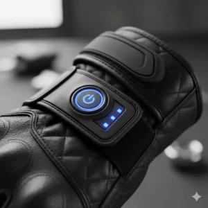 Detailed view of the power button and heat level indicator on the wrist cuff of women's heated motorcycle gloves.