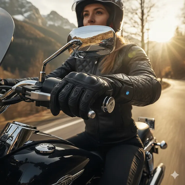 Close-up of a woman confidently wearing heated motorcycle gloves while riding a cruiser, emphasizing comfort in cold weather.