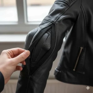 Internal view showing the discreet, removable CE-rated protective armor in the elbows of the women's leather motorcycle jacket.