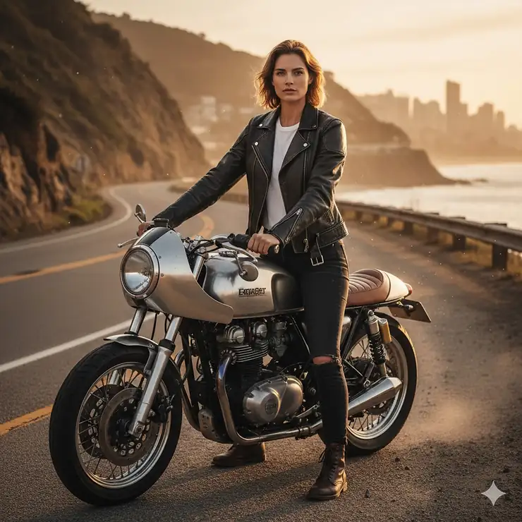 A stylish woman standing beside a motorcycle wearing a classic black leather motorcycle jacket designed for women.