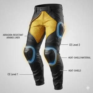 Close-up illustration of the inner heat-shield and abrasion-resistant lining of armored motorcycle pants.