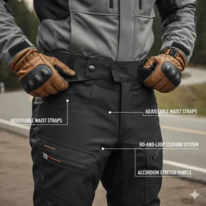Detailed view of adjustable waist straps and accordion stretch panels on motorcycle overpants for a custom fit.