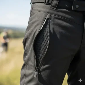 Detailed view of zippered thigh vents on armored motorcycle pants to provide airflow during summer riding.
