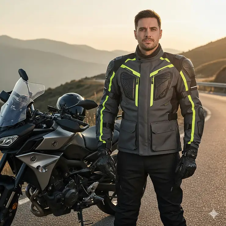 Full view of a protective, armored motorcycle jacket made from abrasion-resistant textile, showcasing CE-rated elbow, shoulder, and back protection. armored motorcycle jackets