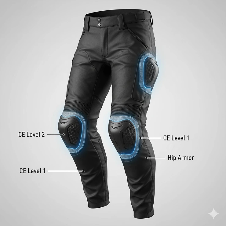 Technical diagram showing CE Level 1 and Level 2 armor inserts for motorcycle pants.