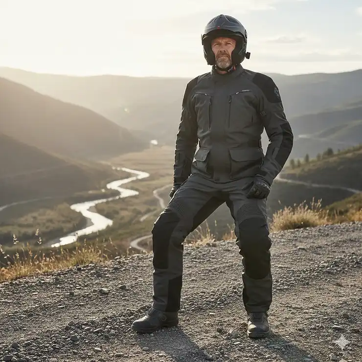A motorcyclist wearing black armored motorcycle pants while sitting on a dual-sport bike during a scenic road trip. motorcycle jeans